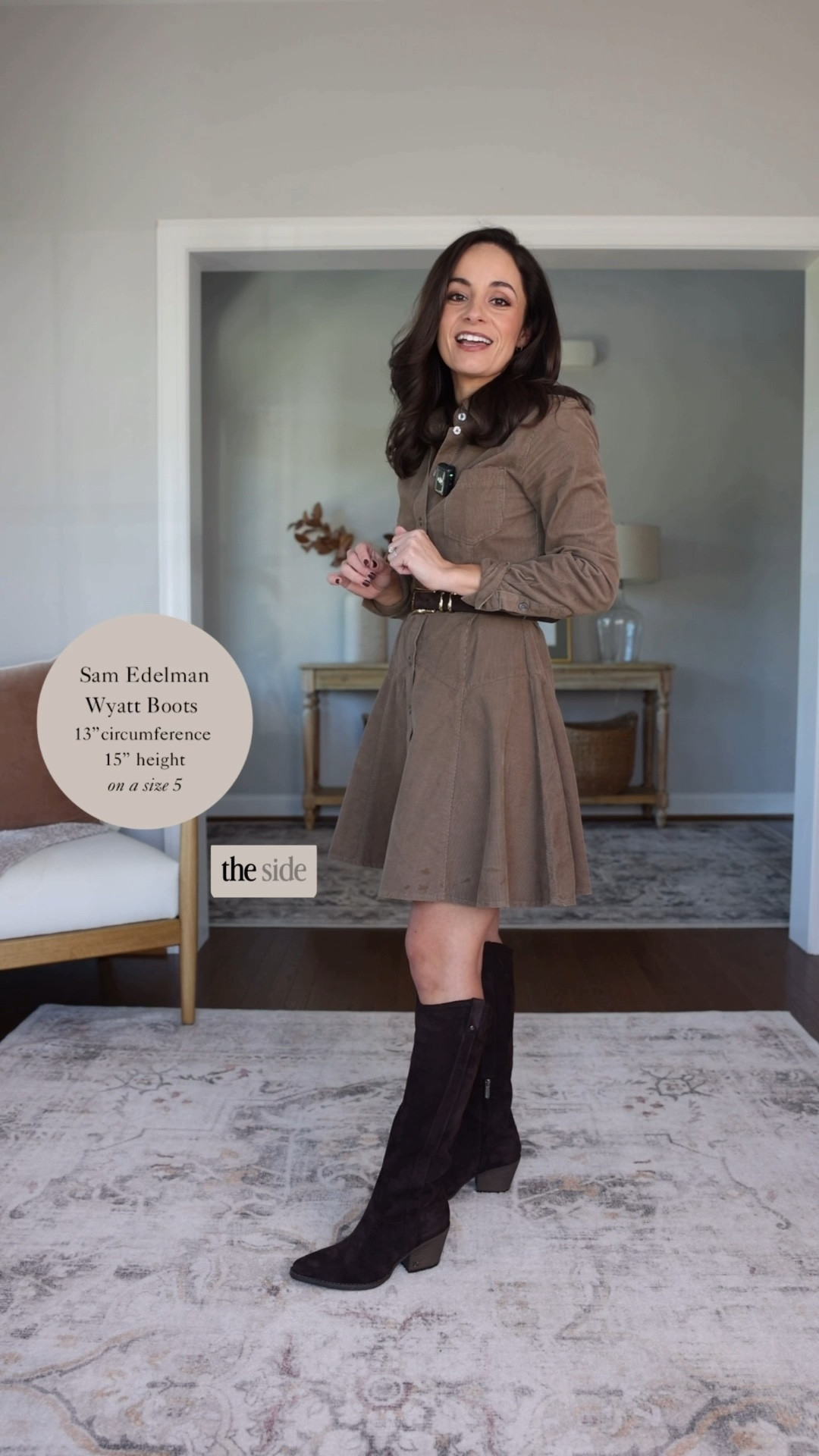 The Wyatt boots are 30% off! 

13” shaft circumference (avg 15”) 
15” at high sides /14” at low points in front and back 
Offered in wide 

Dress: petite xxs