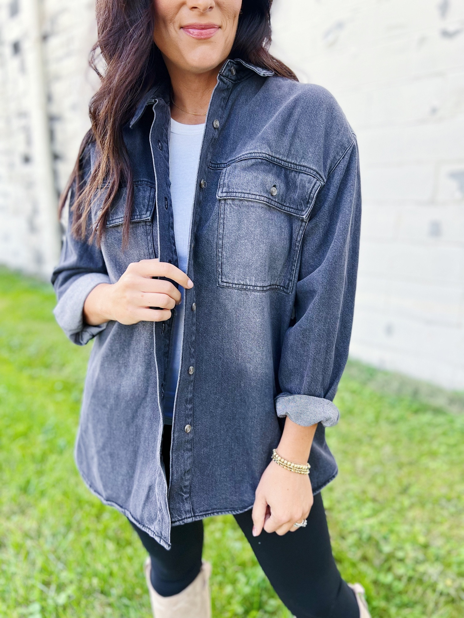 • size small shirt jacket
• medium tank 
• medium leggings 
• sized up 1/2 size in boots