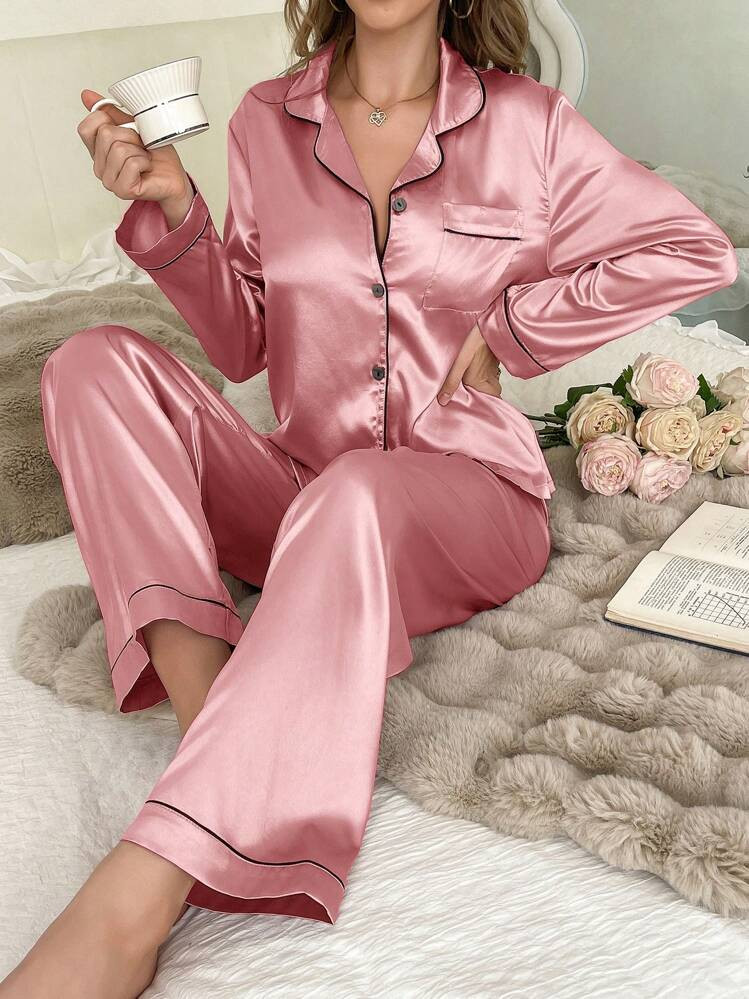 1set Women Color Blocking Trimmed Lapel Long Sleeve Pants Pajama Set | SHEIN