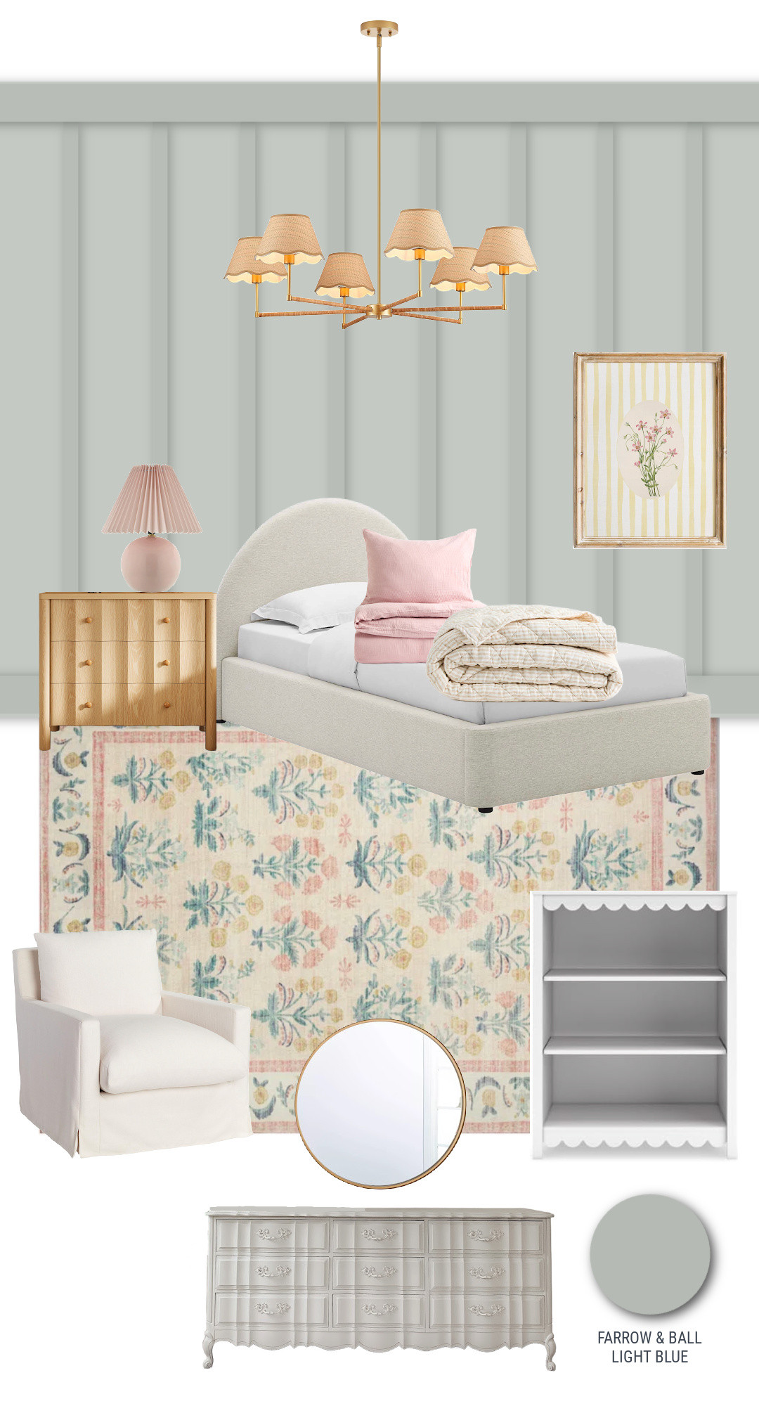 Soft, sweet, and timeless, this girls room layers muted pastels with classic textures for a look that feels both cozy and elevated. The mix of warm wood, gentle blue-green walls, and delicate patterns creates a space she can grow into beautifully.

girls room decor, pastel girls bedroom, light blue walls, vintage inspired kids room, scalloped furniture, floral rug nursery, soft pink accents, classic kids bedroom, timeless girls room design, cozy neutral bedroom, affordable girls room ideas, cottage style kids room 

 

#LTKHome #LTKKids