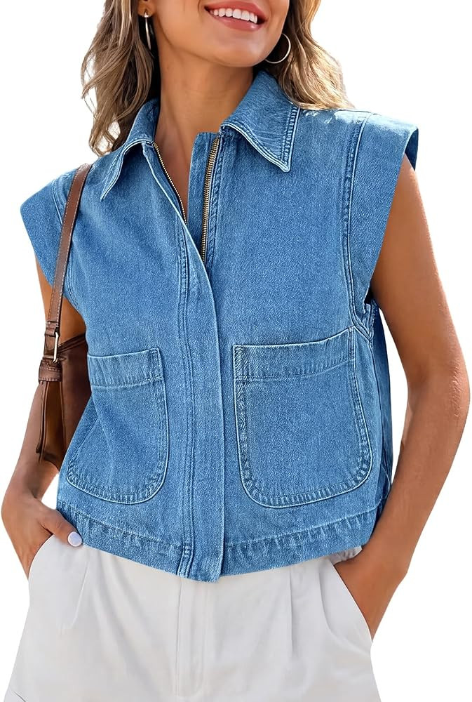 Tankaneo Womens Zip Up Denim Vest Top Summer Cap Sleeve Cropped Jean Vests | Amazon (US)