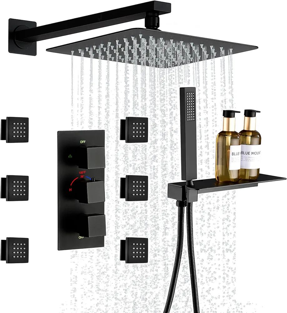 Thermostatic Rain Shower System with 6 Body Jets - 10" Wall Mounted Rainfall Shower Head with She... | Amazon (US)