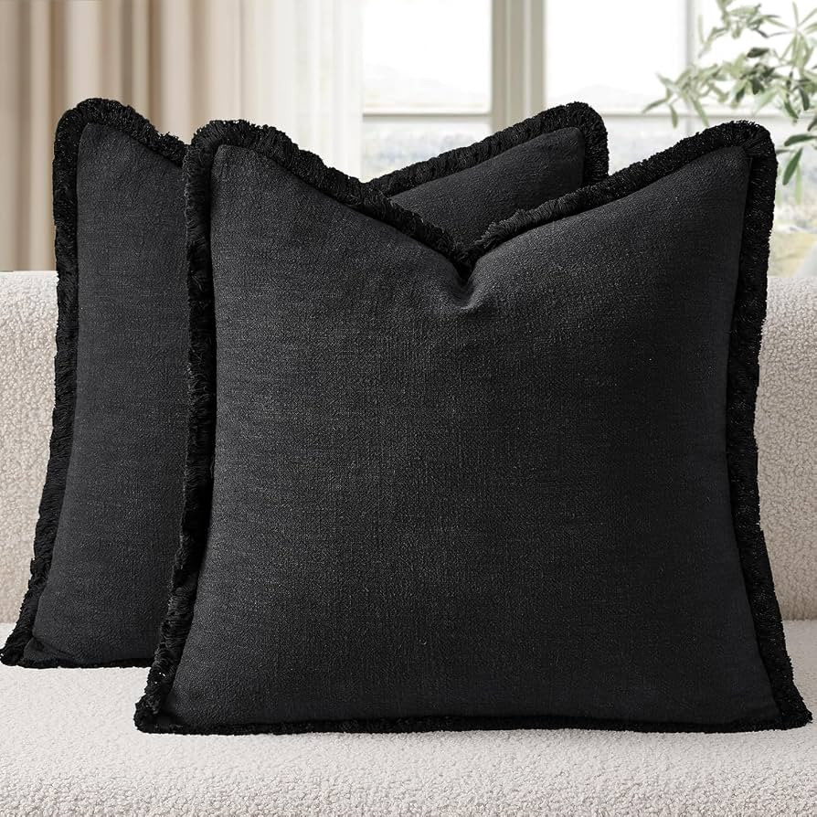 EMEMA Linen Fringe Throw Pillow Covers Set of 2 Boho Farmhouse Accent Decorative Pillowcase with ... | Amazon (US)