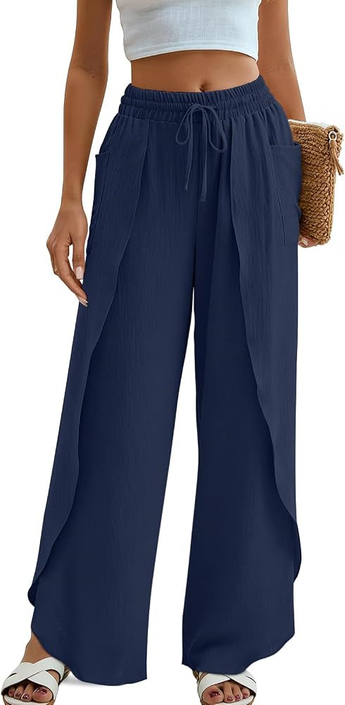 TAOHUADAO Womens Side Split Pants Wide Leg Cover Up Pants Boho Beach Summer Flowy Trousers with P... | Amazon (US)