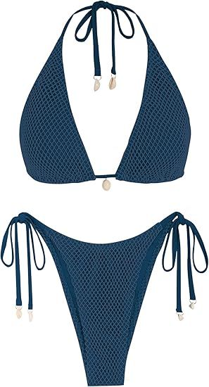 ZAFUL Women's Triangle Bikini Multiway Fishnet Tie Side Bandeau Halter String Bikini Set Two Piec... | Amazon (US)