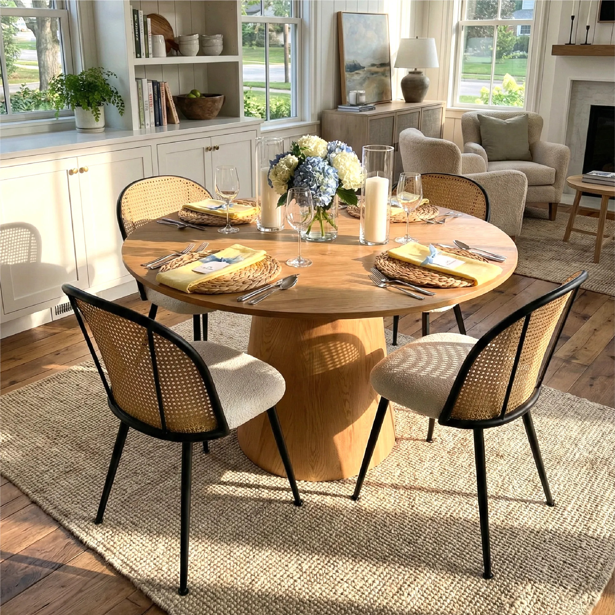 Dwen & Jules 46" Modern Round Rattan Dining Table Set for 4 (5-Piece) | Pop Maison
