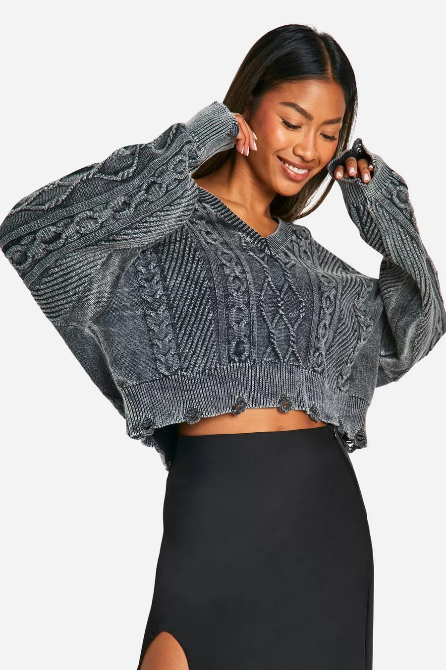 Acid Wash Distressed Hem Slouchy Cable Sweater | boohoo (US & Canada)