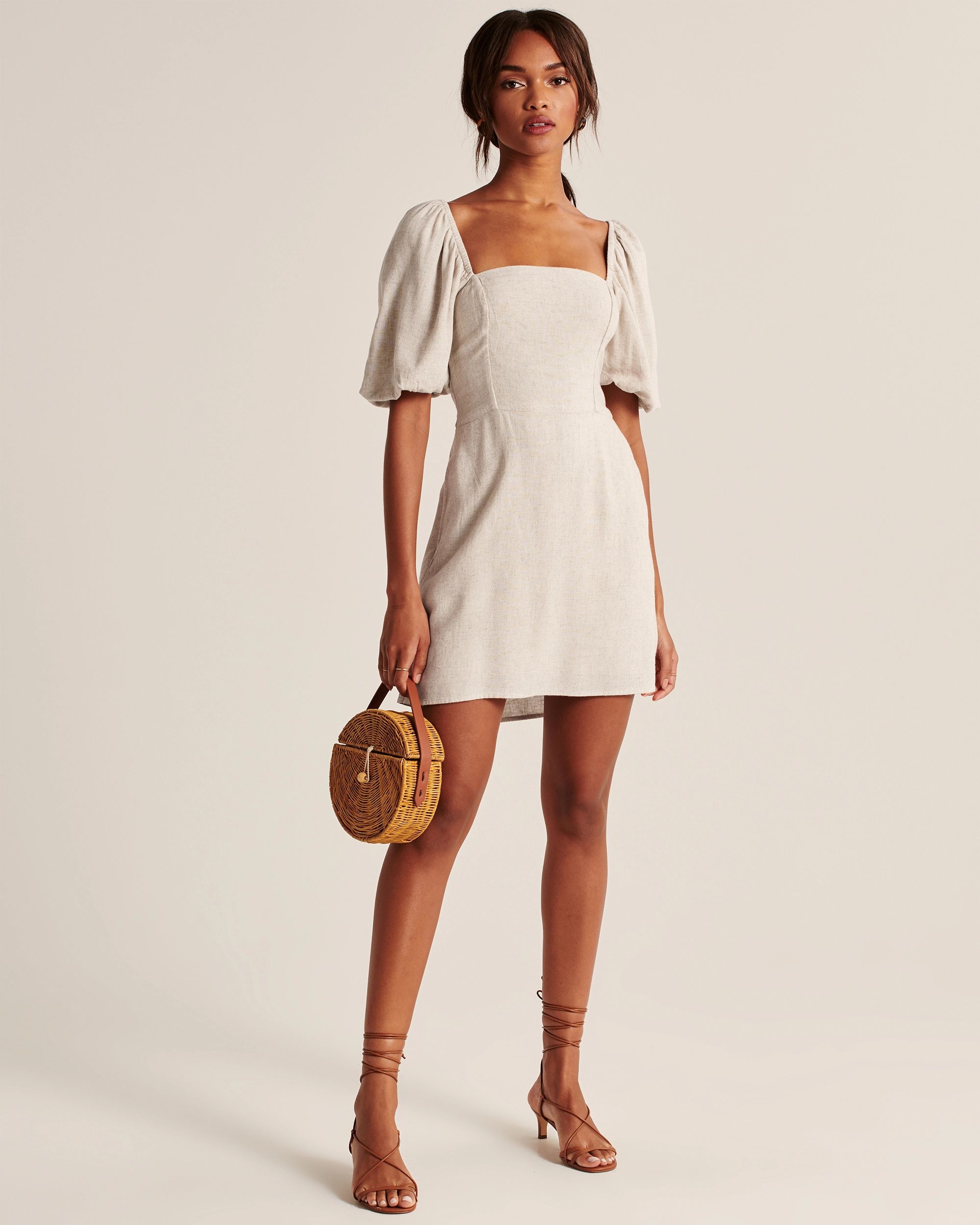 Puff-Sleeve Linen-Blend Mini Dress | Abercrombie & Fitch (US)