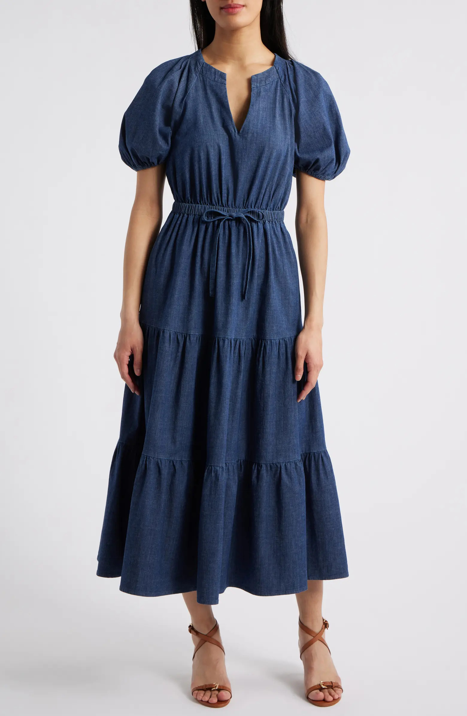 Anne Klein Puff Sleeve Tiered Denim Midi Dress | Nordstrom | Nordstrom