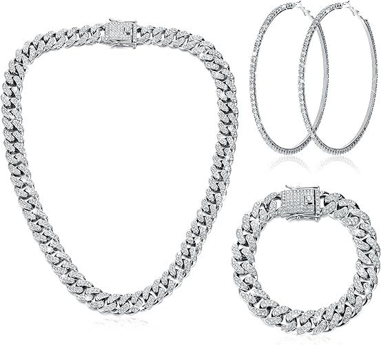 Batiyeer Cuban Link Chain Necklace Bracelet Rhinestone Earrings Bling Necklace Bracelet Crystal B... | Amazon (US)