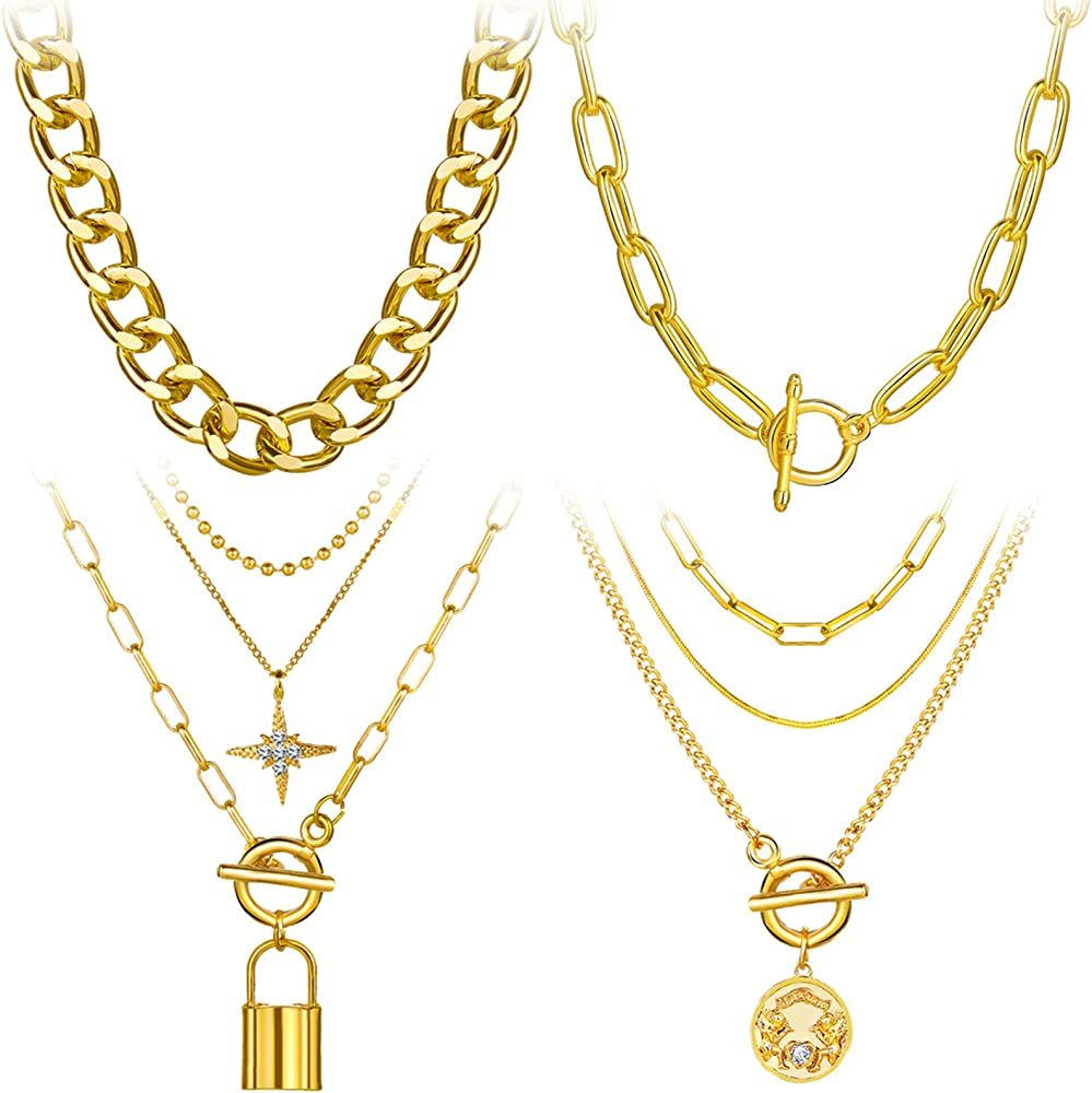 Amazon.com: 4PCS Gold Layered Chain Necklace set for Women Girls Boho Pendant with Lock Coin Chun... | Amazon (US)