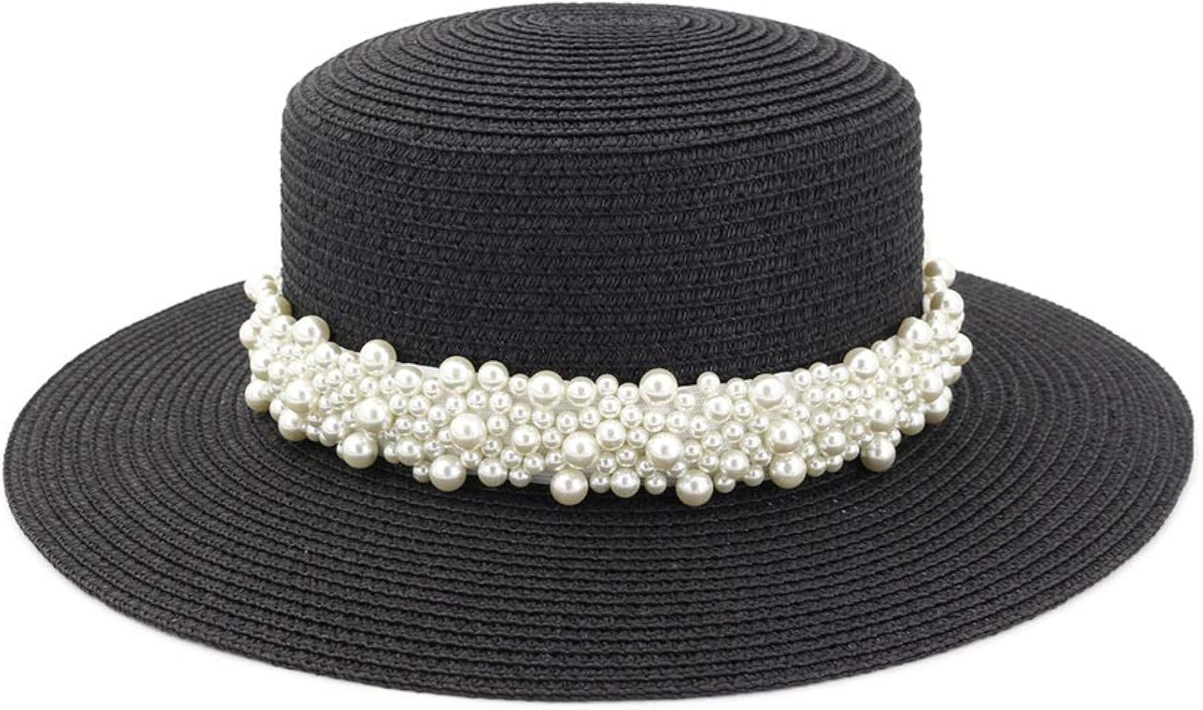 Women Boater Straw Hat Outdoor Seaside Beach Sun Flat Top Sun Caps with Wide Pearl Decoration Ban... | Amazon (US)