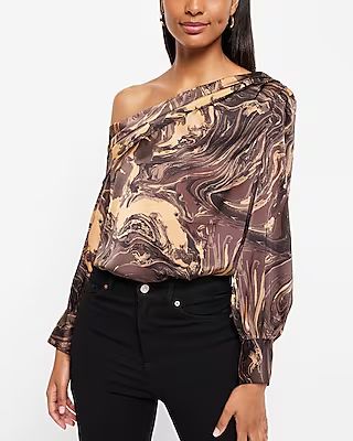 Satin Marble Print One Shoulder Long Sleeve Top | Express