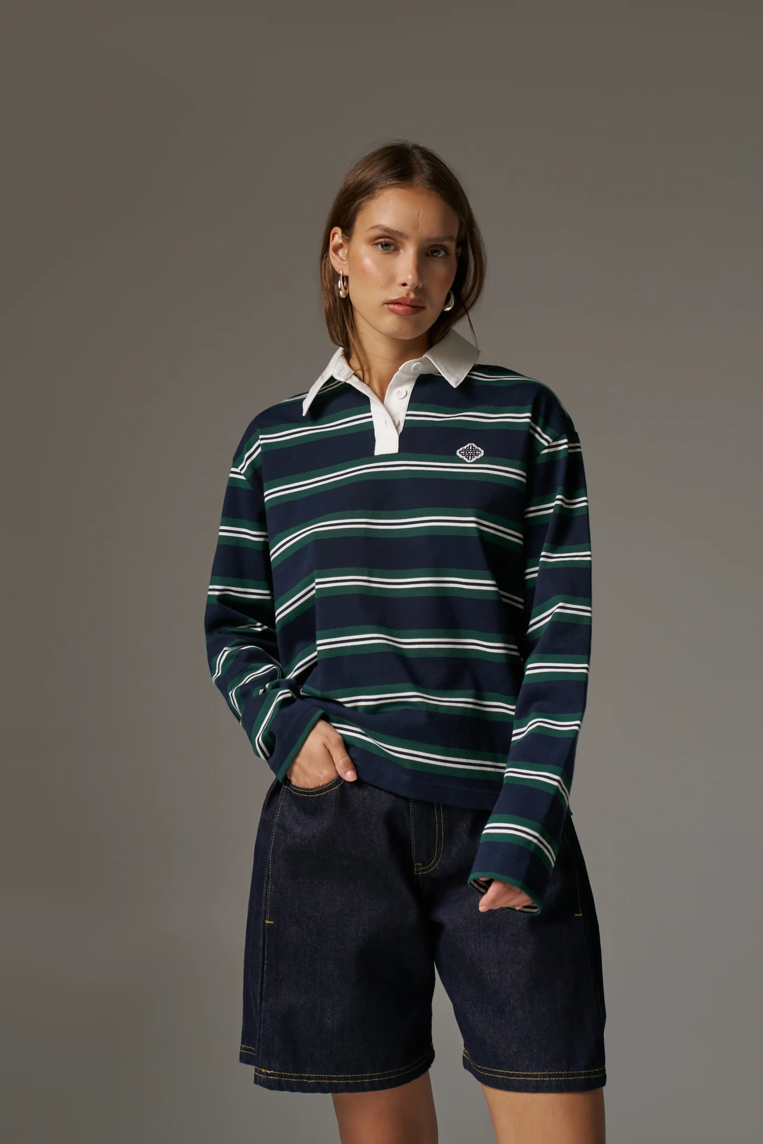 STRIPED LONG SLEEVE POLO TEE - NAVY | The Couture Club