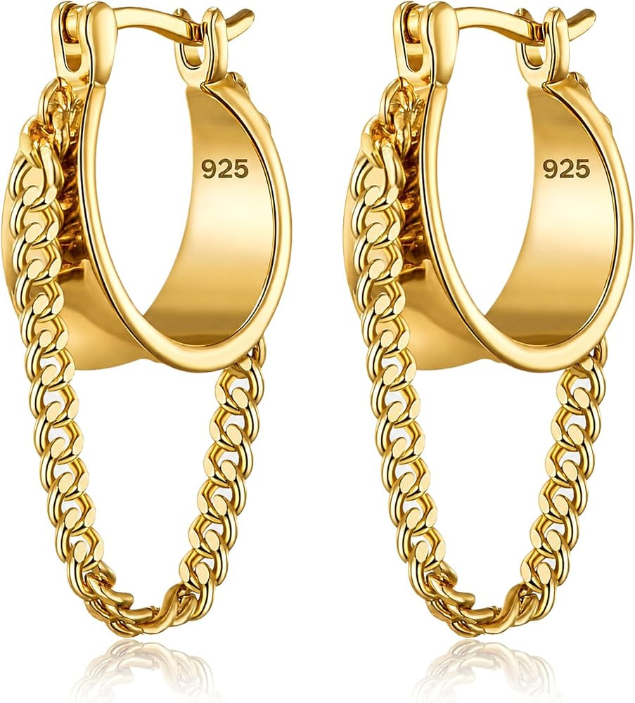 Ritach Gold Chain Earrings for Women Trendy Dainty 925 Sterling Silver Post 14k Gold Plated Chain... | Amazon (US)