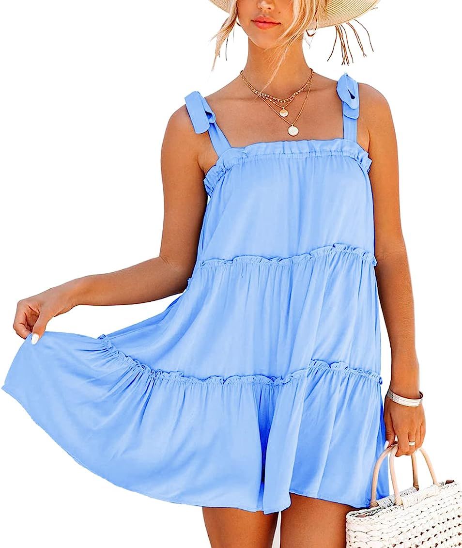Deerose Womens Tie Shoulder Dress Summer Chiffon Cover Ups Flowy Patriotic Sundress | Amazon (US)