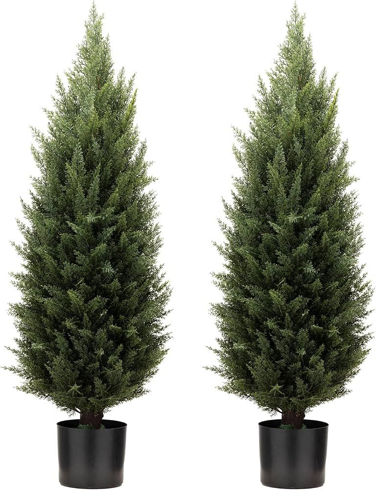 Two 3 Foot Artificial Topiary Cedar Trees Artificial Potted Shrubs UV Resistant Bushes Plants for... | Amazon (US)