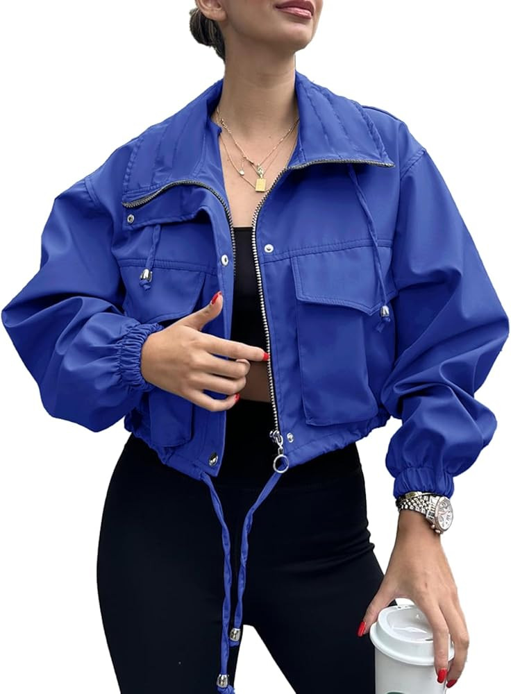 Tankaneo Womens Cropped Jacket Zip Up Lightweight Oversized Utility Anorak Coat with Pockets | Amazon (US)