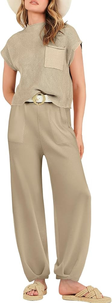 Women's Two Piece Outfits Sweater Sets Knit Pullover Tops and High Waisted Pants Tracksuit Lounge... | Amazon (US)