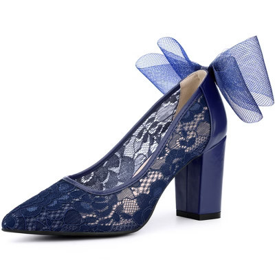 BLISSFUL STEP Women's Bow Decor Pointed Toe Block Heel Lace Pumps Dark Blue 8.5 | Target