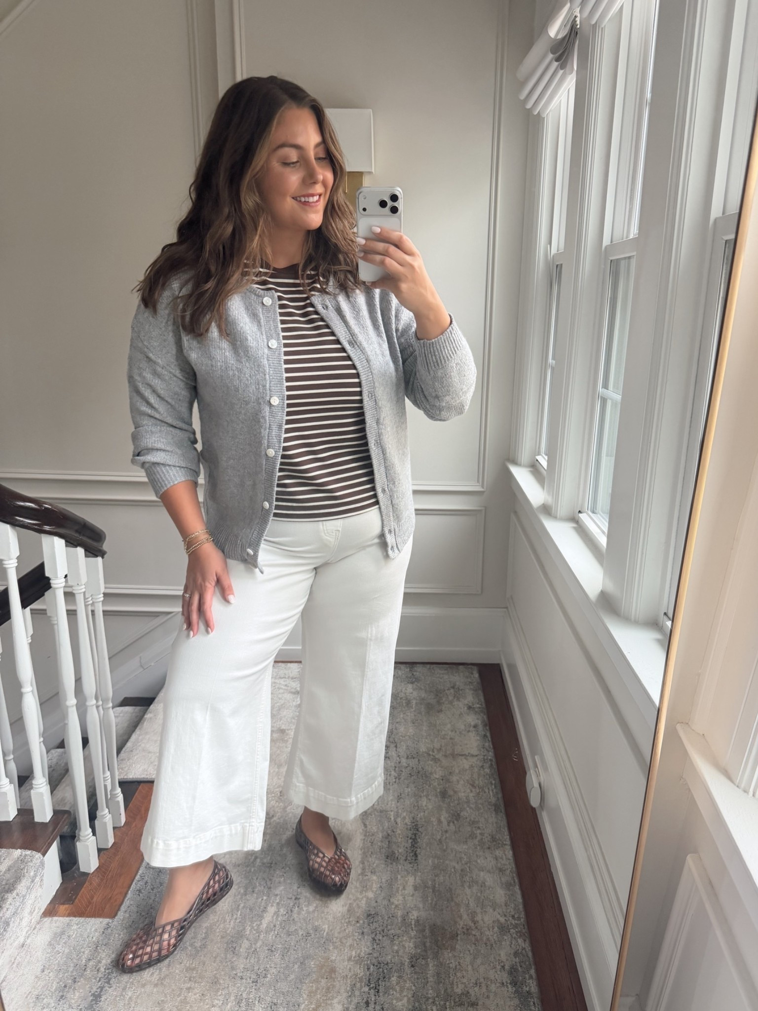 Fall outfit - wearing size XL in cardigan & striped top, 1X regular in jeans (use CARALYN15 on your first order at Spanx). Lip is shade Sandwash Pink

#LTKootd #LTKSeasonal #LTKPlusSize