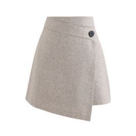 Button Flap Wool-Blended Mini Skirt in Light Tan | Chicwish