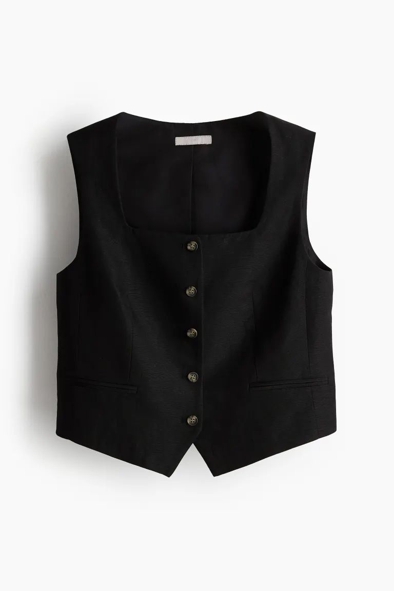Linen-blend suit waistcoat - Square neckline - Black - Ladies | H&M GB | H&M (UK, MY, IN, SG, PH, TW, HK)