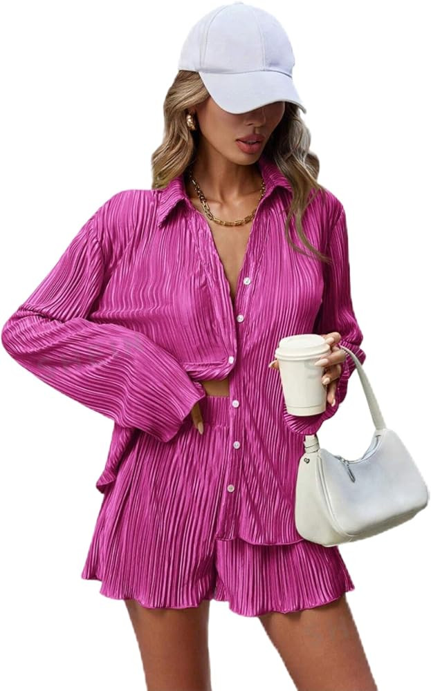 Women's solid color pleated two-piece spring and summer button-down long-sleeved top and shorts s... | Amazon (US)