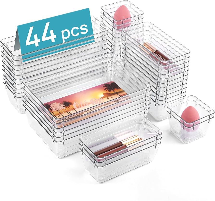 Vtopmart 44 PCS Clear Plastic Drawer Organizers Set, Vanity Organizer Trays     4-Size Versatile ... | Amazon (US)