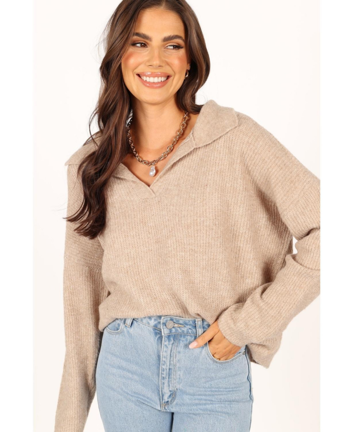 Shay Collar Knit Sweater - Beige | Macy's