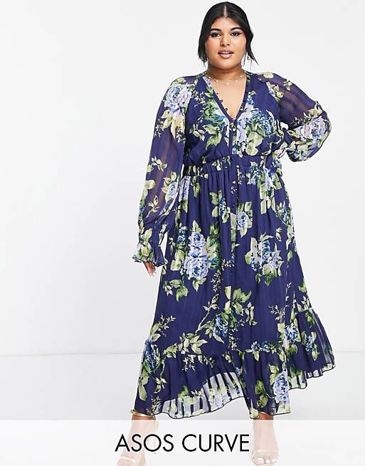 ASOS DESIGN Curve satin midi dress with blouson sleeve and button detail in navy floral print | ASOS (Global)