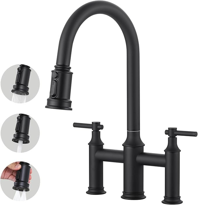 Matte Black Bridge Kitchen Faucet: 3 Holes Brass Bridge Faucet with Pull Down Sprayer - Two Handl... | Amazon (US)