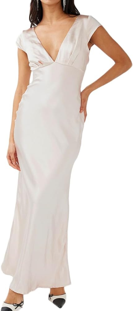 Halfisland Womens Summer Satin V Neck Cap Sleeve Backless Maxi Dress Elegant Twist Cut Out Midi D... | Amazon (US)