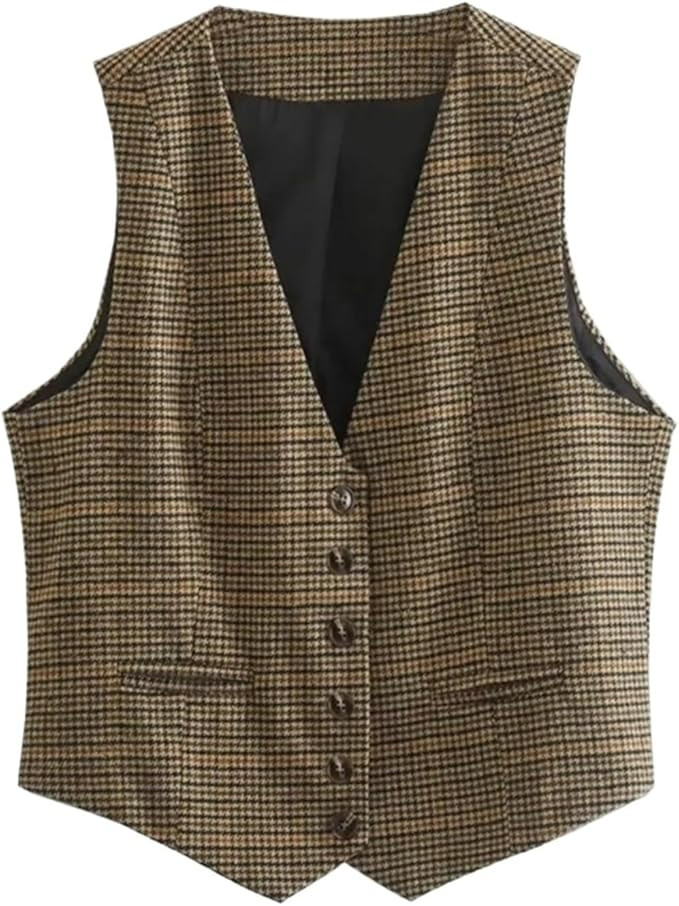 Women's Front Button Houndstooth Waistcoat V Neck Sleeveless Vest Female Outerwear Chic Tops Fash... | Amazon (US)