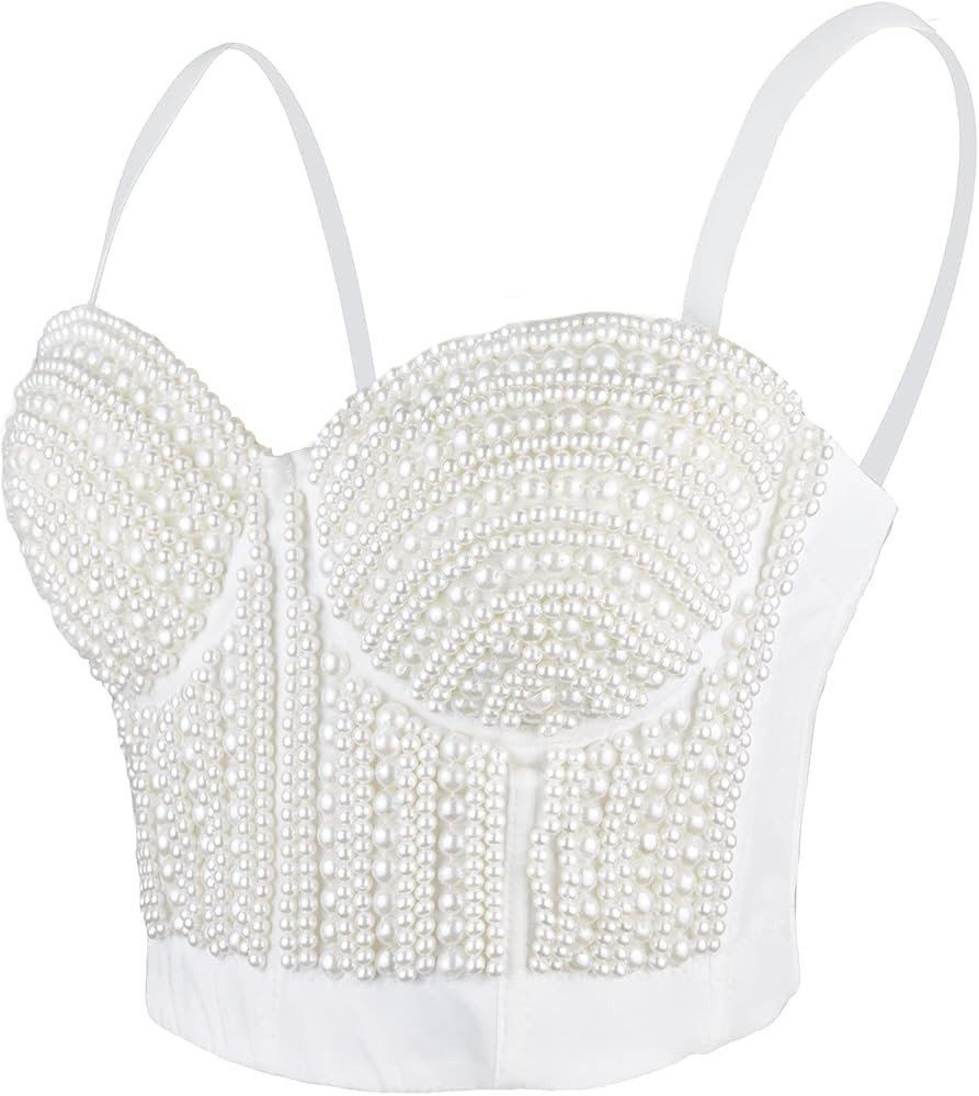 ELLACCI Woment's Pearls Beaded Bustier Crop Top Club Party Sexy Corset Top Bra White | Amazon (US)