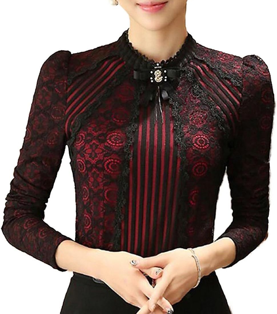 SansoiSan Women's Vintage Beaded Buttons Pleated Shirt Long Sleeve Lace Stretchy Blouse | Amazon (US)