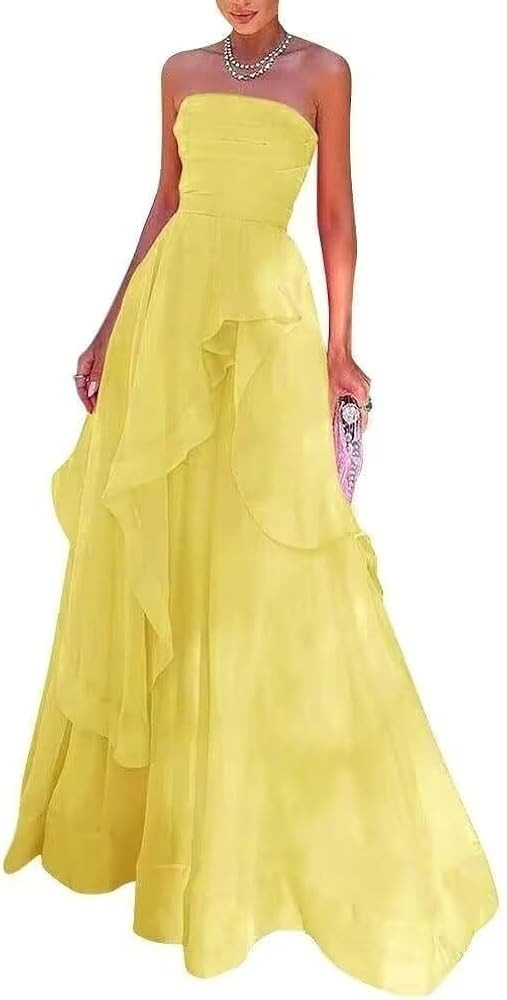 Strapless Tiered Tulle Prom Dresses Ruffles A-Line Evening Party Gown Corset Backless Long Formal... | Amazon (US)