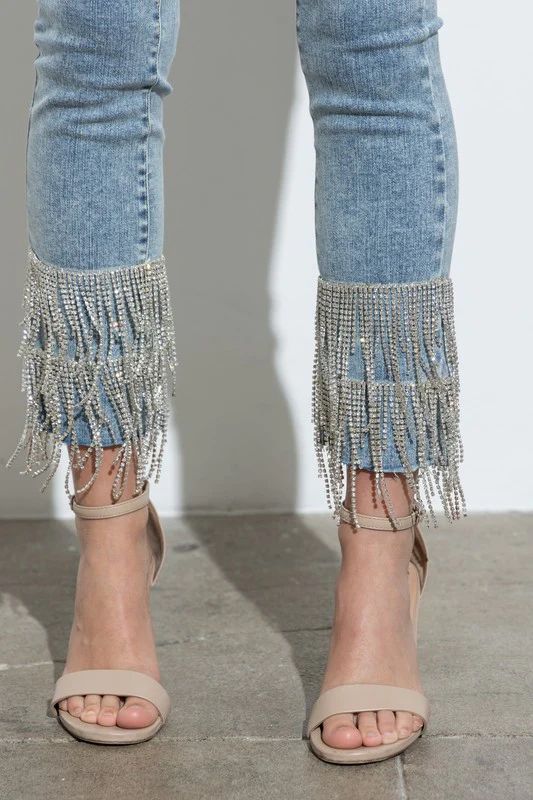 NEW!! The Wright Rhinestone Fringe Jeans in Light Denim | Glitzy Bella
