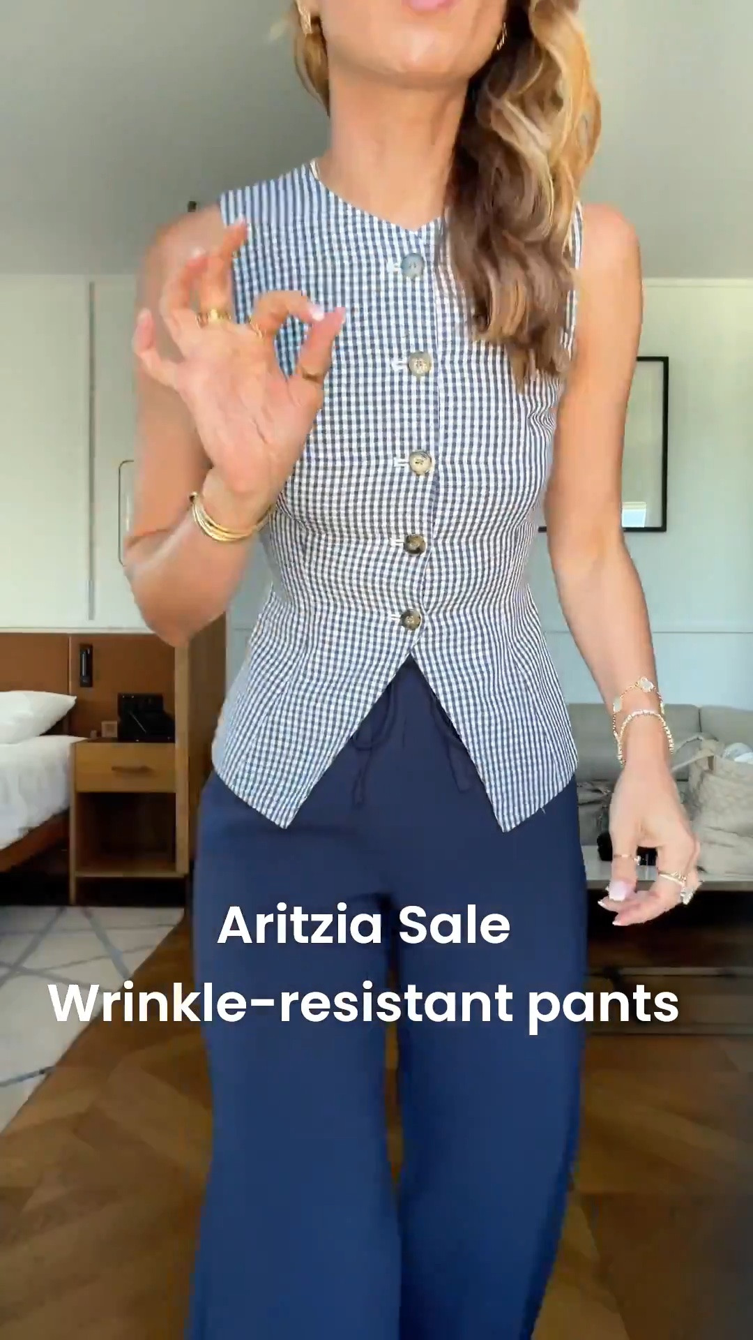 Aritzia sale! Wrinkle resistant pants in XS short, color is dark knight navy. Gingham vest in 00. Travel outfit. Business casual. This will be perfect for fall. Elevated outfit. Elevated casual outfit. Fall outfit. Europe outfit. Neutral outfit. XXS in ribbed black tee and XXS short in crinkle pants. Jelly ballet flats are whole sizes only and run a smidge big. I’m a 6.5 and did a 6.

#LTKootd #LTKgrwm #LTKTravel