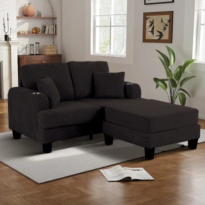 60" Upholstered Loveseat with Ottoman, 22.5" Deep Seats Sofa with Cup Holder and USB/Type-C Port, Corduroy, Black | Wayfair North America