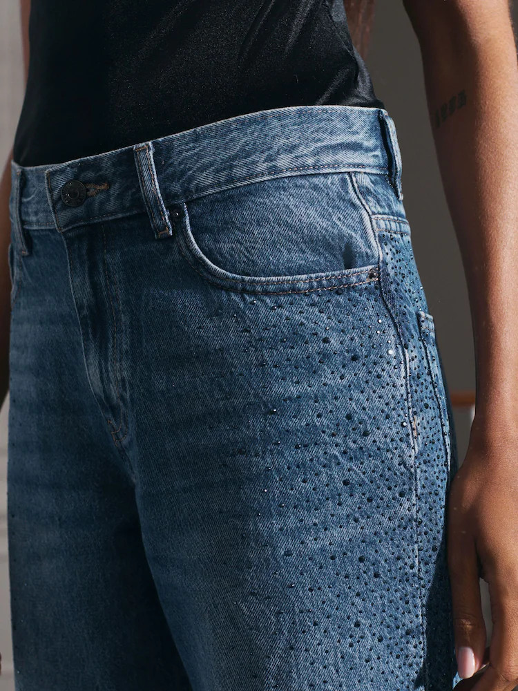 Mid Blue Embellished Wide Leg Jeans | Next EU