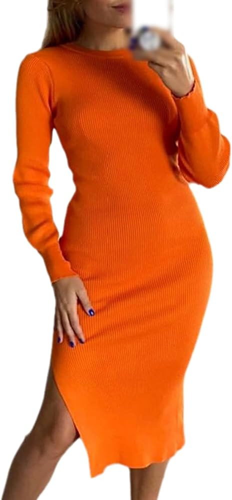 Black Women's Side Slit Knitted Dress Autumn and Winter Bodycon Dress Long Sleeve Ribbed Knitted ... | Amazon (US)