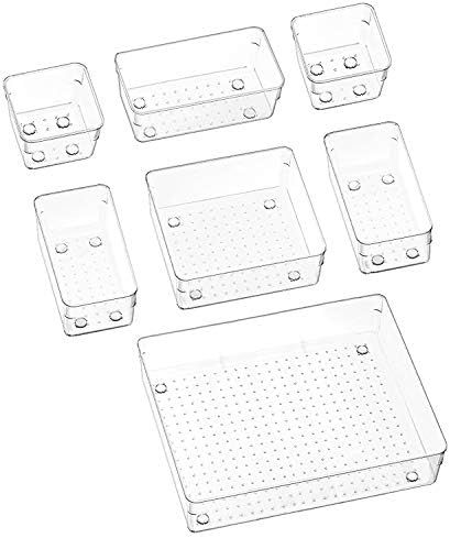 Puricon 7 Pcs Desk Drawer Organizers Trays Set Clear Plastic Storage Bins Bathroom Drawer Tray Di... | Amazon (US)