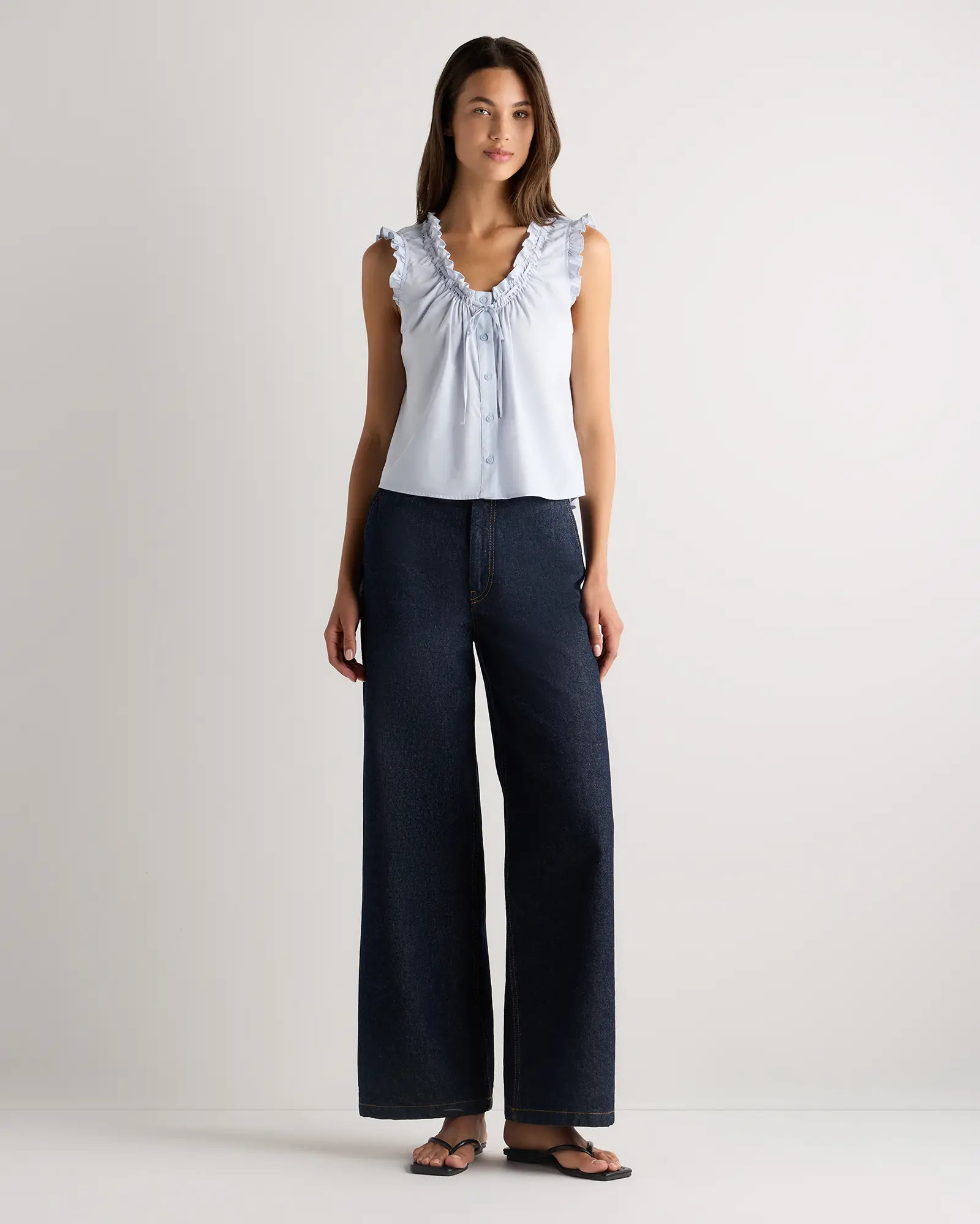 Cotton Viscose Voile Ruffle Trim Tank in Coastal Haze Blue | Quince