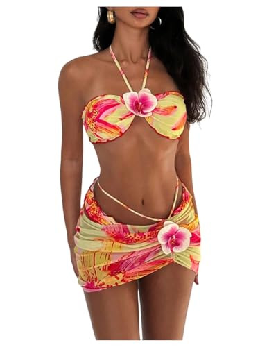 SOLY HUX Women's 3 Piece Swimsuit Floral Halter Bikini Set Beach Vacation Bathing Suit with Drawstring Cover Up Skirt Multicoloured Floral Small | Amazon (US)