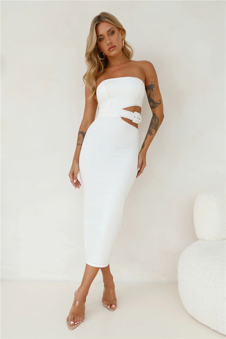 Online Chat Strapless Denim Midi Dress White | Hello Molly