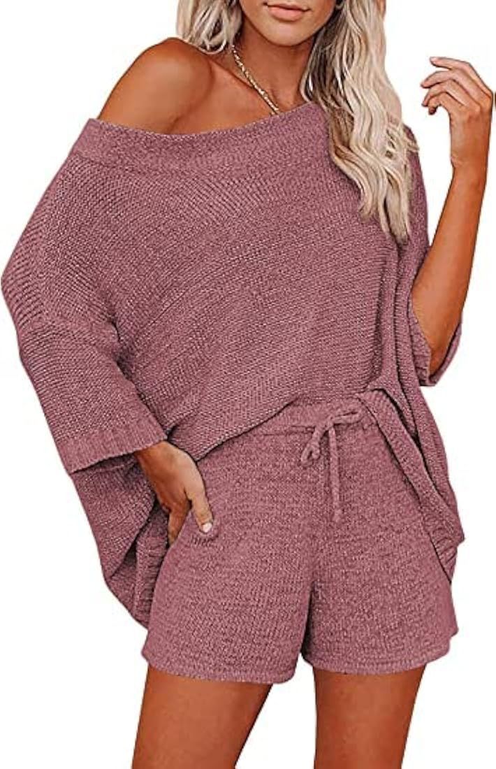 Ekouaer Women 2 Piece Outfits Sets Off Shoulder Knit Pajama Set 3/4 Sleeve Tops Drawstring Waist ... | Amazon (US)