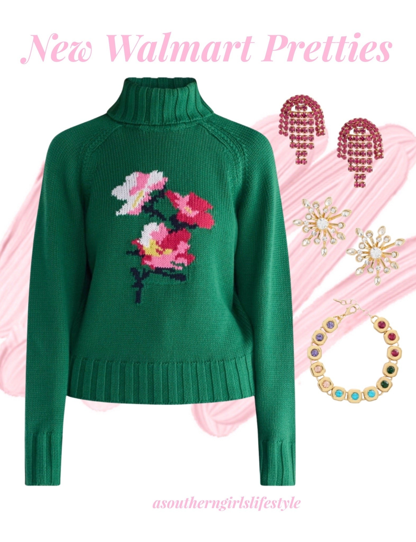 New Walmart Free Assembly Pretties for Fall & Winter - add a plaid skirt, suede skirt, jeans, corduroy pants or dress slacks

Green Raglan Sleeve Floral Cropped Turtleneck Sweater (also comes in solid Blue), Pink Crystal Drop Earrings, Crystal Sunburst Stud Earrings, Crystal Cup Chain Bracelet

Fall Outfits Women. Cozy Season. Winter Style.