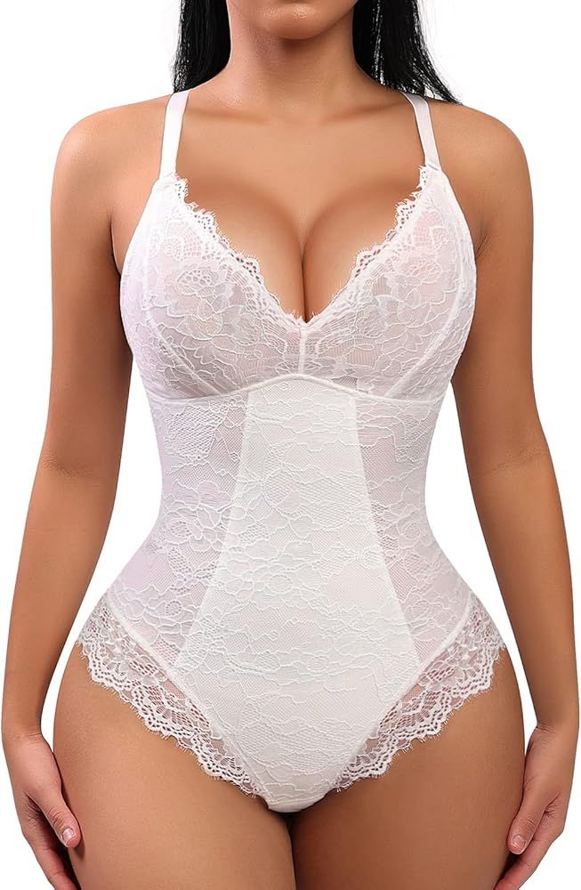 FeelinGirl Lace Bodysuit for Women Tummy Control Shapewear V-Neck Sleeveless Tops Backless Camiso... | Amazon (US)