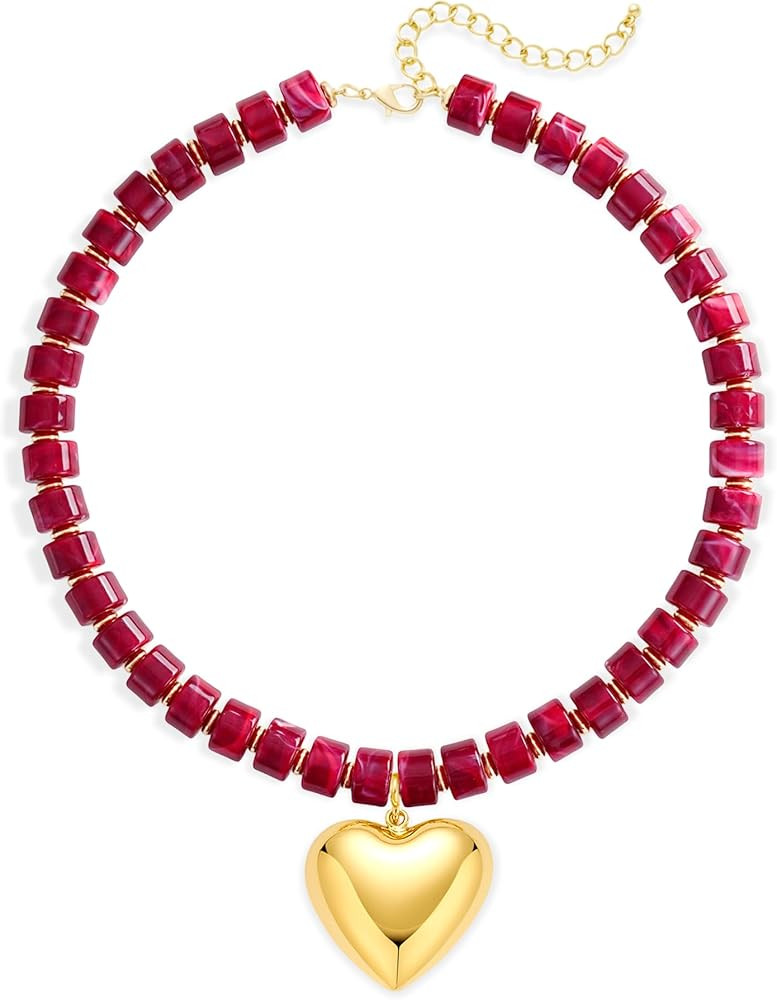 Boho Chunky Heart Necklace for Women - Resin Beaded Choker with Gold Pendant, Summer Beach Vacati... | Amazon (US)
